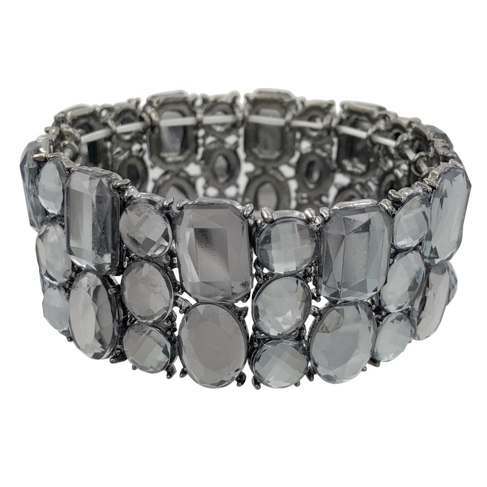 Grey Mirrored Stone Wide Gun Metal Fancy Stretch Bracelet